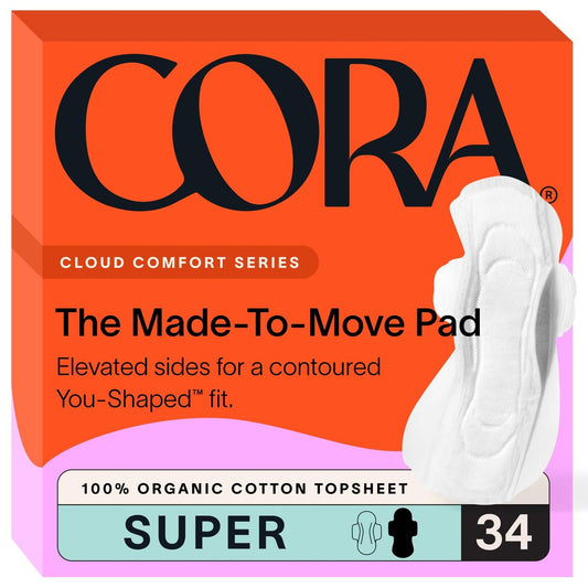 Cora 100% Bio-Baumwoll-Topsschicht-Pads (34 Stück Super Pads zum Mitnehmen)
