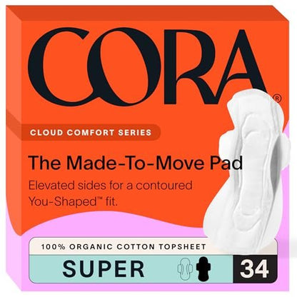 Cora 100% Bio-Baumwoll-Topsschicht-Pads (34 Stück Super Pads zum Mitnehmen)
