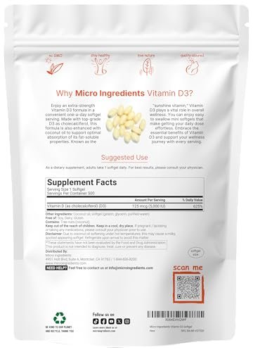 Micro Ingredients Vitamin D3 5.000 IE, 500 Softgels | Mit Virgin Coconut Oil | Cholecalciferol | Knochen-, Immun- und Herzunterstützung | Leicht zu schlucken, Nicht-GVO