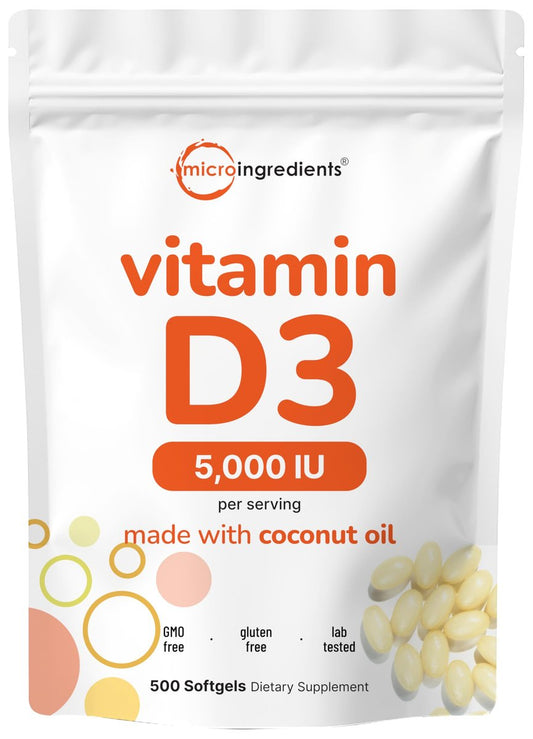 Micro Ingredients Vitamin D3 5.000 IE, 500 Softgels | Mit Virgin Coconut Oil | Cholecalciferol | Knochen-, Immun- und Herzunterstützung | Leicht zu schlucken, Nicht-GVO