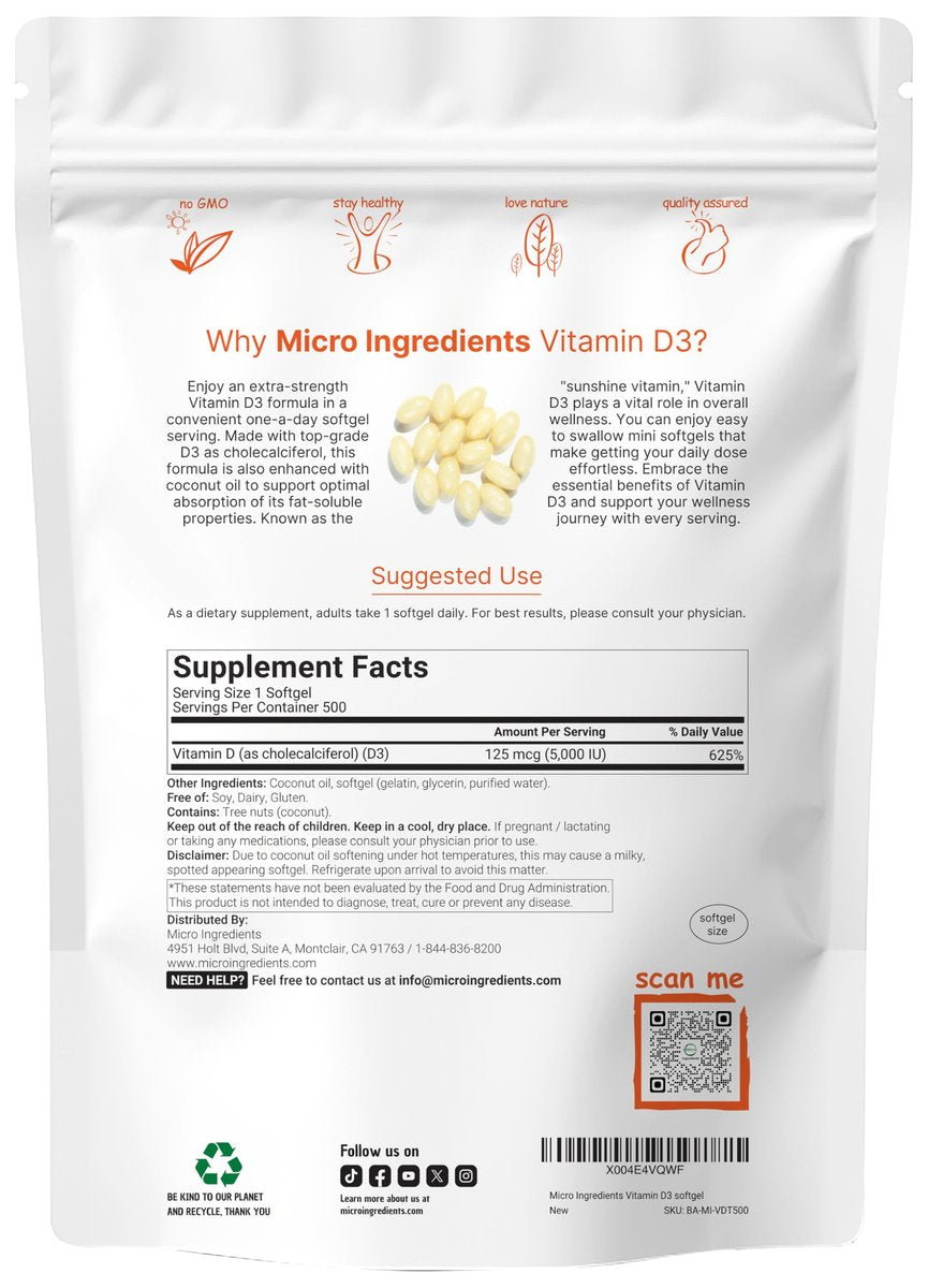 Micro Ingredients Vitamin D3 5.000 IE, 500 Softgels | Mit Virgin Coconut Oil | Cholecalciferol | Knochen-, Immun- und Herzunterstützung | Leicht zu schlucken, Nicht-GVO