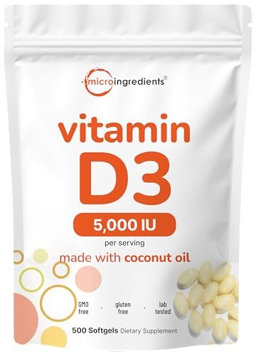 Micro Ingredients Vitamin D3 5.000 IE, 500 Softgels | Mit Virgin Coconut Oil | Cholecalciferol | Knochen-, Immun- und Herzunterstützung | Leicht zu schlucken, Nicht-GVO