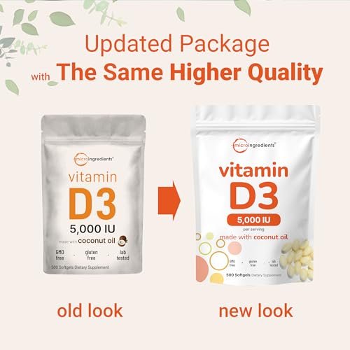 Micro Ingredients Vitamin D3 5.000 IE, 500 Softgels | Mit Virgin Coconut Oil | Cholecalciferol | Knochen-, Immun- und Herzunterstützung | Leicht zu schlucken, Nicht-GVO