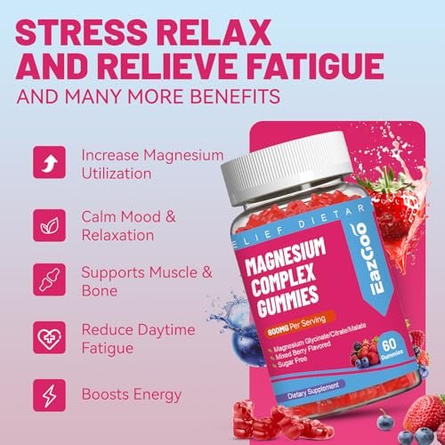 EAZGOO Magnesium Gummies 800mg - Vitamin D3, C, B6, B12 & Zink-Komplex mit Magnesiumglycinat, -citrat & -malat, Magnesium-Gummis für Muskeln, Stimmung & Energie, vegan, 60 Stück