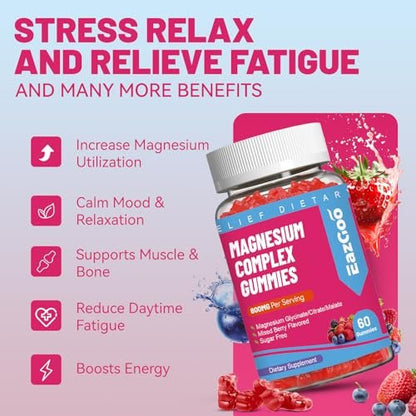 EAZGOO Magnesium Gummies 800mg - Vitamin D3, C, B6, B12 & Zink-Komplex mit Magnesiumglycinat, -citrat & -malat, Magnesium-Gummis für Muskeln, Stimmung & Energie, vegan, 60 Stück