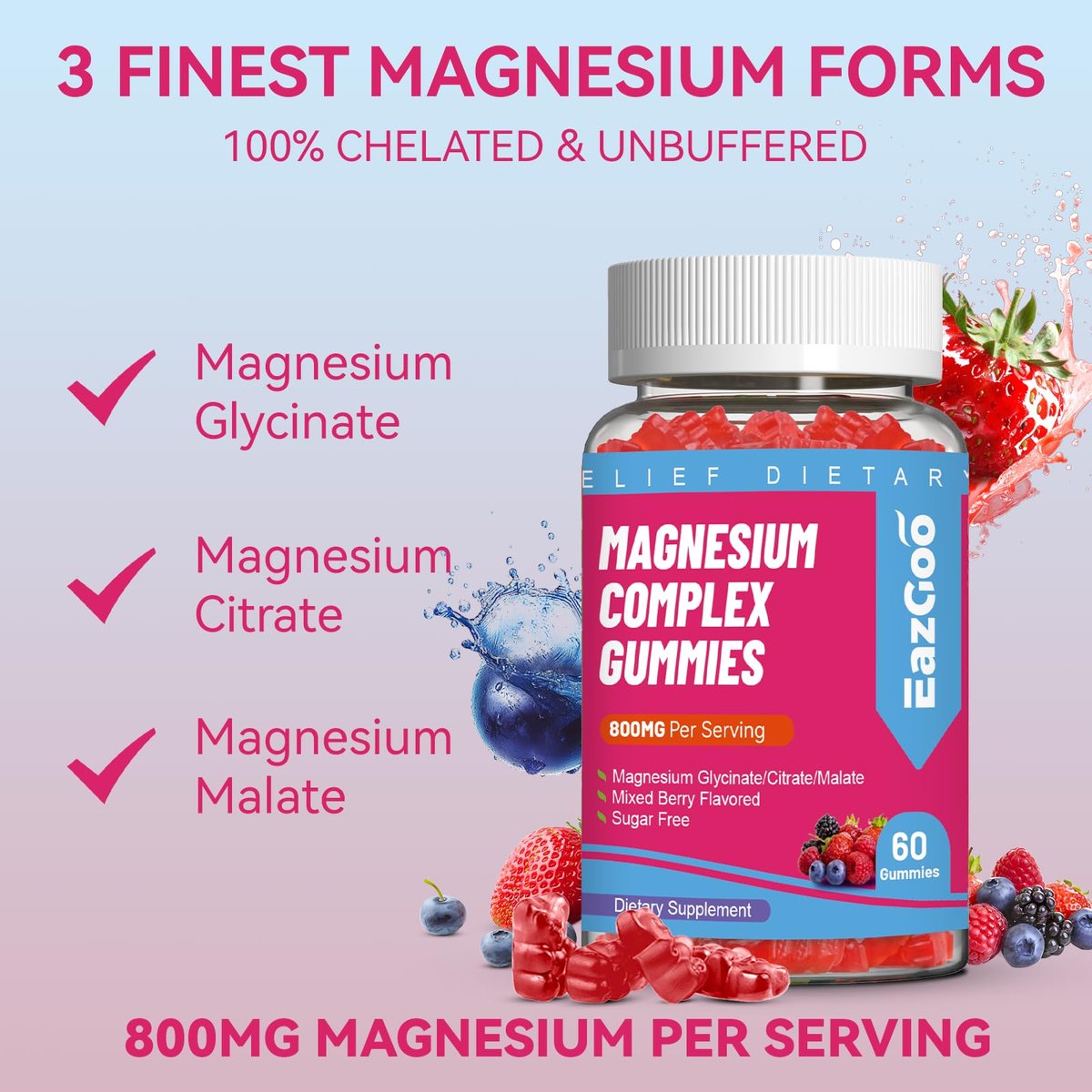 EAZGOO Magnesium Gummies 800mg - Vitamin D3, C, B6, B12 & Zink-Komplex mit Magnesiumglycinat, -citrat & -malat, Magnesium-Gummis für Muskeln, Stimmung & Energie, vegan, 60 Stück