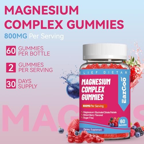 EAZGOO Magnesium Gummies 800mg - Vitamin D3, C, B6, B12 & Zink-Komplex mit Magnesiumglycinat, -citrat & -malat, Magnesium-Gummis für Muskeln, Stimmung & Energie, vegan, 60 Stück