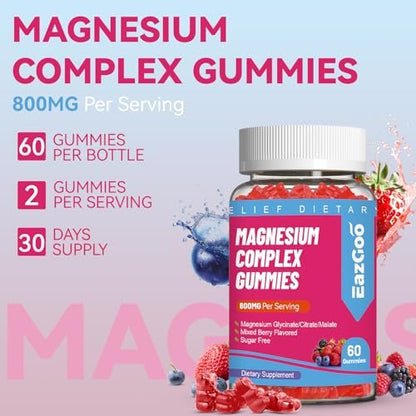 EAZGOO Magnesium Gummies 800mg - Vitamin D3, C, B6, B12 & Zink-Komplex mit Magnesiumglycinat, -citrat & -malat, Magnesium-Gummis für Muskeln, Stimmung & Energie, vegan, 60 Stück