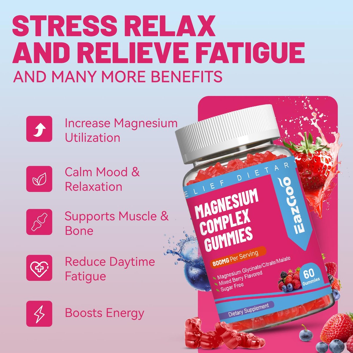 EAZGOO Magnesium Gummies 800mg - Vitamin D3, C, B6, B12 & Zink-Komplex mit Magnesiumglycinat, -citrat & -malat, Magnesium-Gummis für Muskeln, Stimmung & Energie, vegan, 60 Stück