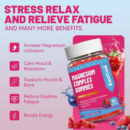 EAZGOO Magnesium Gummies 800mg - Vitamin D3, C, B6, B12 & Zink-Komplex mit Magnesiumglycinat, -citrat & -malat, Magnesium-Gummis für Muskeln, Stimmung & Energie, vegan, 60 Stück