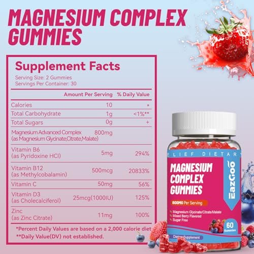 EAZGOO Magnesium Gummies 800mg - Vitamin D3, C, B6, B12 & Zink-Komplex mit Magnesiumglycinat, -citrat & -malat, Magnesium-Gummis für Muskeln, Stimmung & Energie, vegan, 60 Stück