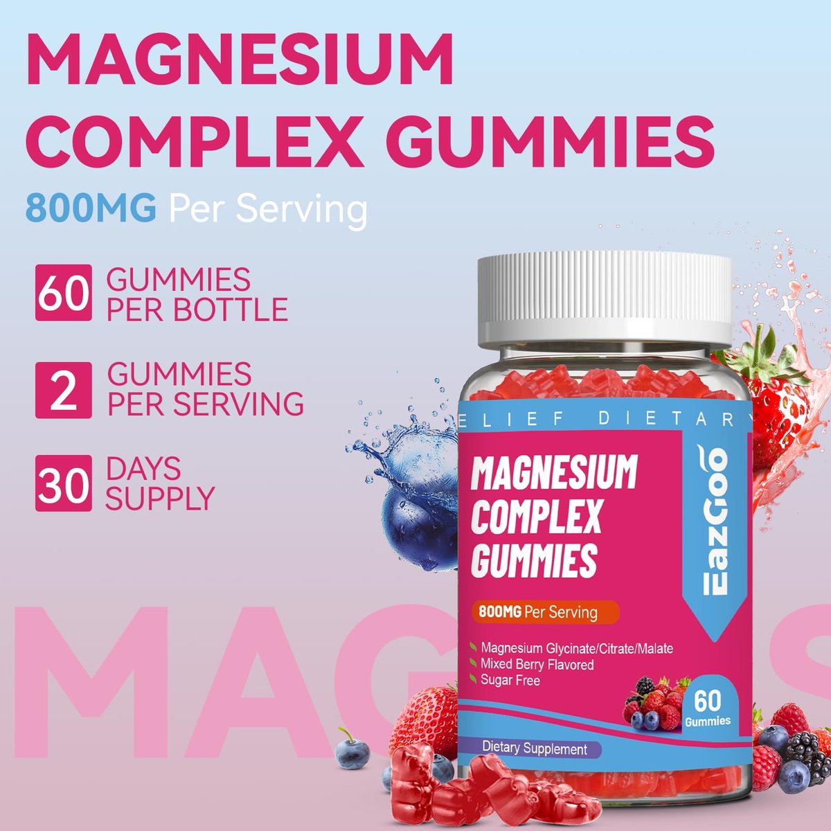 EAZGOO Magnesium Gummies 800mg - Vitamin D3, C, B6, B12 & Zink-Komplex mit Magnesiumglycinat, -citrat & -malat, Magnesium-Gummis für Muskeln, Stimmung & Energie, vegan, 60 Stück