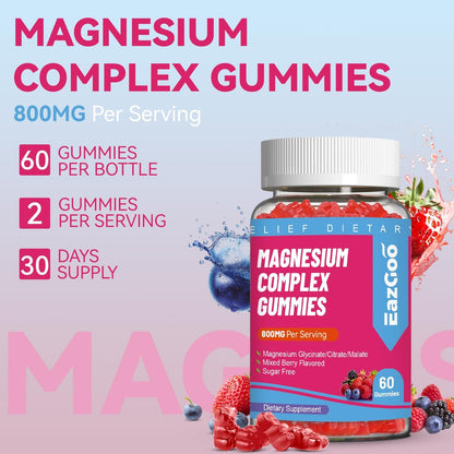 EAZGOO Magnesium Gummies 800mg - Vitamin D3, C, B6, B12 & Zink-Komplex mit Magnesiumglycinat, -citrat & -malat, Magnesium-Gummis für Muskeln, Stimmung & Energie, vegan, 60 Stück