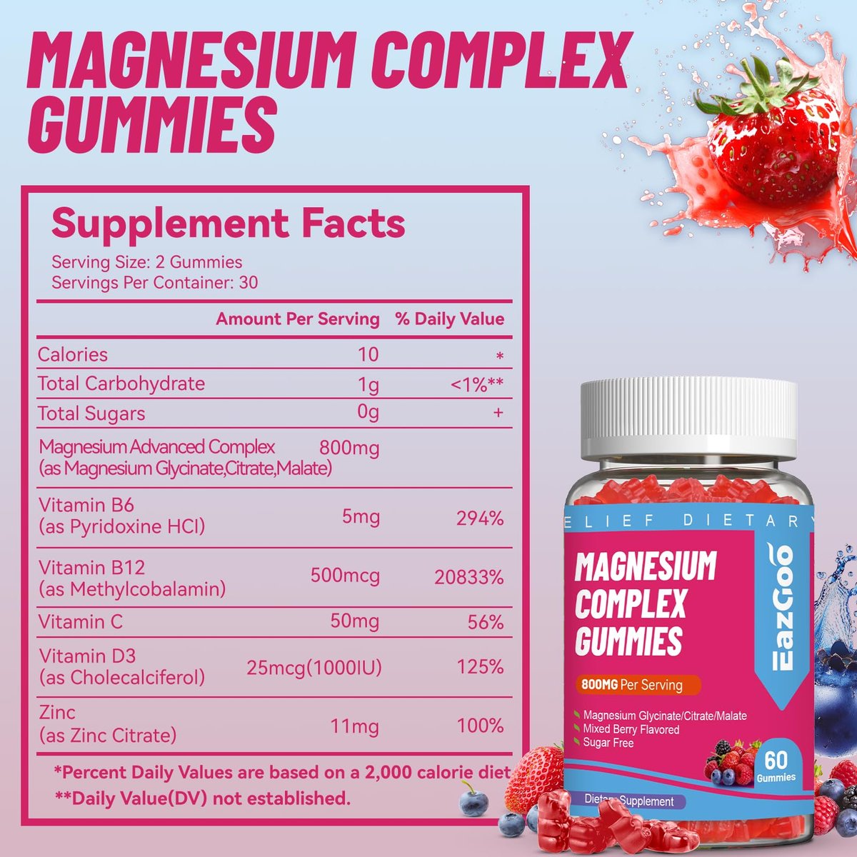 EAZGOO Magnesium Gummies 800mg - Vitamin D3, C, B6, B12 & Zink-Komplex mit Magnesiumglycinat, -citrat & -malat, Magnesium-Gummis für Muskeln, Stimmung & Energie, vegan, 60 Stück