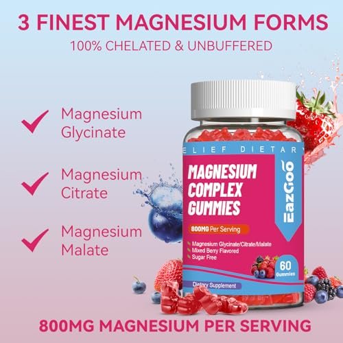 EAZGOO Magnesium Gummies 800mg - Vitamin D3, C, B6, B12 & Zink-Komplex mit Magnesiumglycinat, -citrat & -malat, Magnesium-Gummis für Muskeln, Stimmung & Energie, vegan, 60 Stück