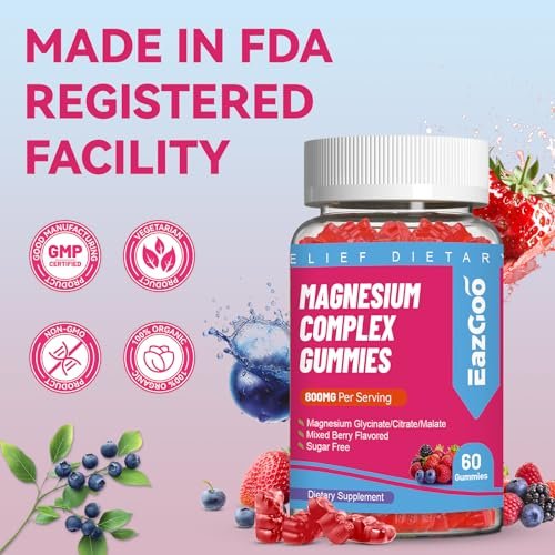 EAZGOO Magnesium Gummies 800mg - Vitamin D3, C, B6, B12 & Zink-Komplex mit Magnesiumglycinat, -citrat & -malat, Magnesium-Gummis für Muskeln, Stimmung & Energie, vegan, 60 Stück