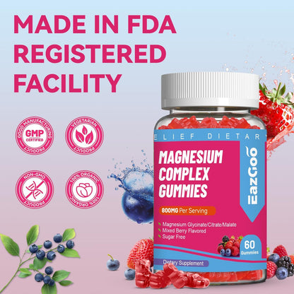 EAZGOO Magnesium Gummies 800mg - Vitamin D3, C, B6, B12 & Zink-Komplex mit Magnesiumglycinat, -citrat & -malat, Magnesium-Gummis für Muskeln, Stimmung & Energie, vegan, 60 Stück