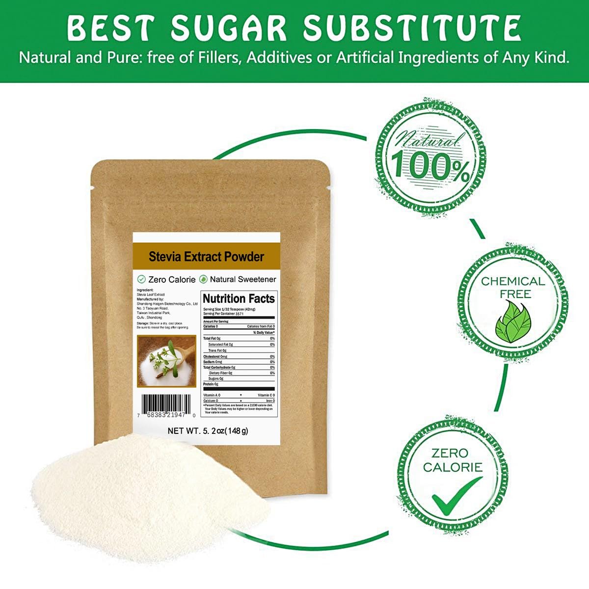 CCnature Reines Stevia-Extraktpulver ohne Erythrit 5,2 oz (148 g) – Hochkonzentrierter Stevia-Pulversüßstoff, null Kalorien, kein künstlicher, natürlicher Zuckerersatz