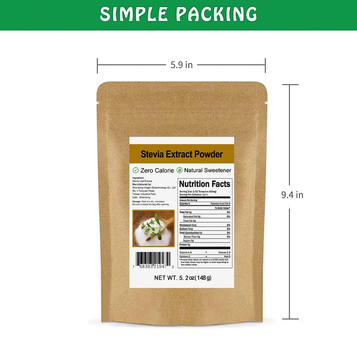 CCnature Reines Stevia-Extraktpulver ohne Erythrit 5,2 oz (148 g) – Hochkonzentrierter Stevia-Pulversüßstoff, null Kalorien, kein künstlicher, natürlicher Zuckerersatz