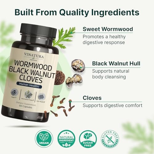 VINATURA Wermut Schwarznuss Nelken Kapseln – Darmreinigung, Entgiftung, Intestinal Guard Formel für Menschen, mit Wermutkraut, Schwarznussextrakt, 60 Kapseln