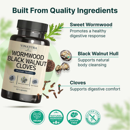 VINATURA Wermut Schwarznuss Nelken Kapseln – Darmreinigung, Entgiftung, Intestinal Guard Formel für Menschen, mit Wermutkraut, Schwarznussextrakt, 60 Kapseln