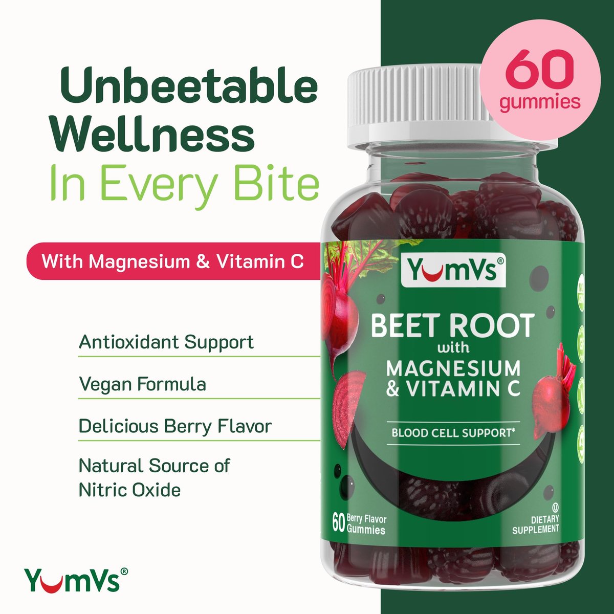 YumVs Rote-Bete-Gummis mit Magnesium & Vitamin C – Beeren-Geschmack – Rote-Bete-Gummis zur Unterstützung von Stickoxid für die Herzgesundheit & antioxidatives Wohlbefinden – Vegan, Nicht-GVO – 60 Gummis