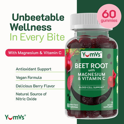 YumVs Rote-Bete-Gummis mit Magnesium & Vitamin C – Beeren-Geschmack – Rote-Bete-Gummis zur Unterstützung von Stickoxid für die Herzgesundheit & antioxidatives Wohlbefinden – Vegan, Nicht-GVO – 60 Gummis