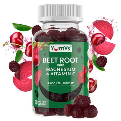 YumVs Rote-Bete-Gummis mit Magnesium & Vitamin C – Beeren-Geschmack – Rote-Bete-Gummis zur Unterstützung von Stickoxid für die Herzgesundheit & antioxidatives Wohlbefinden – Vegan, Nicht-GVO – 60 Gummis