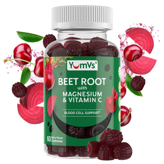 YumVs Rote-Bete-Gummis mit Magnesium & Vitamin C – Beeren-Geschmack – Rote-Bete-Gummis zur Unterstützung von Stickoxid für die Herzgesundheit & antioxidatives Wohlbefinden – Vegan, Nicht-GVO – 60 Gummis