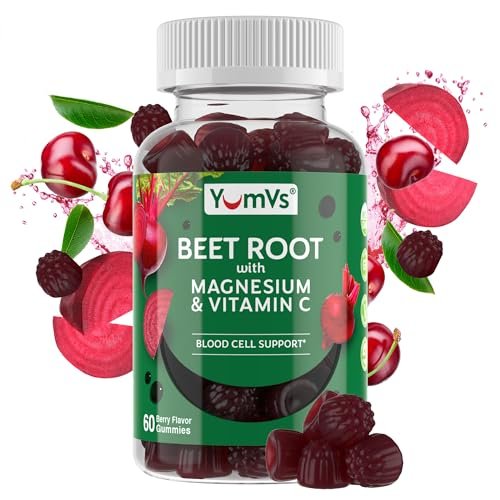 YumVs Rote-Bete-Gummis mit Magnesium & Vitamin C – Beeren-Geschmack – Rote-Bete-Gummis zur Unterstützung von Stickoxid für die Herzgesundheit & antioxidatives Wohlbefinden – Vegan, Nicht-GVO – 60 Gummis