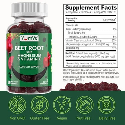 YumVs Rote-Bete-Gummis mit Magnesium & Vitamin C – Beeren-Geschmack – Rote-Bete-Gummis zur Unterstützung von Stickoxid für die Herzgesundheit & antioxidatives Wohlbefinden – Vegan, Nicht-GVO – 60 Gummis