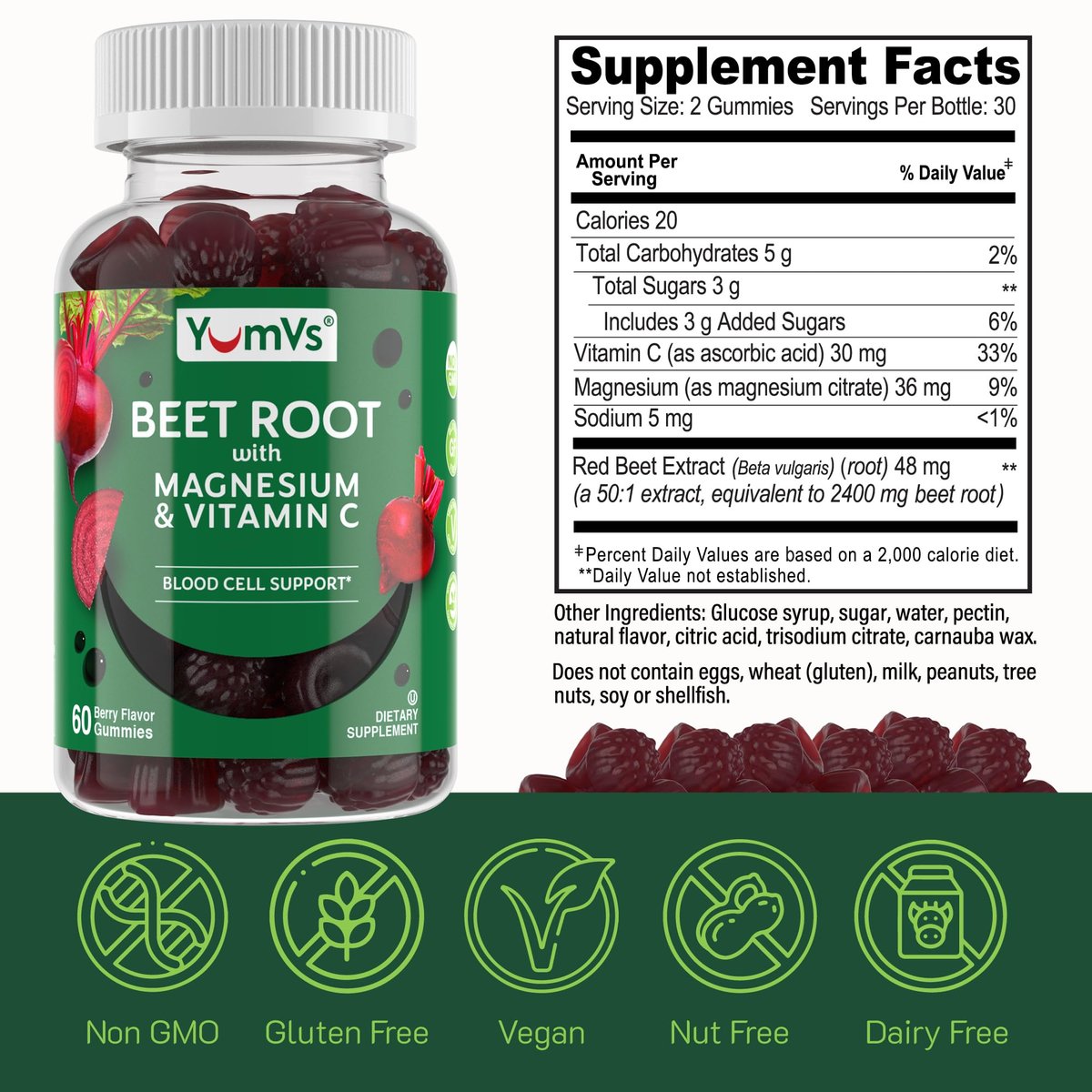 YumVs Rote-Bete-Gummis mit Magnesium & Vitamin C – Beeren-Geschmack – Rote-Bete-Gummis zur Unterstützung von Stickoxid für die Herzgesundheit & antioxidatives Wohlbefinden – Vegan, Nicht-GVO – 60 Gummis