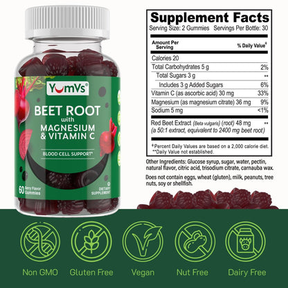 YumVs Rote-Bete-Gummis mit Magnesium & Vitamin C – Beeren-Geschmack – Rote-Bete-Gummis zur Unterstützung von Stickoxid für die Herzgesundheit & antioxidatives Wohlbefinden – Vegan, Nicht-GVO – 60 Gummis