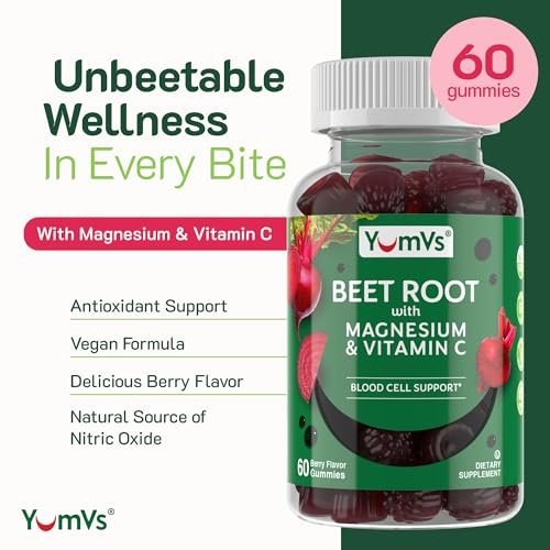 YumVs Rote-Bete-Gummis mit Magnesium & Vitamin C – Beeren-Geschmack – Rote-Bete-Gummis zur Unterstützung von Stickoxid für die Herzgesundheit & antioxidatives Wohlbefinden – Vegan, Nicht-GVO – 60 Gummis