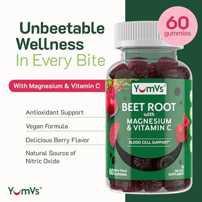 YumVs Rote-Bete-Gummis mit Magnesium & Vitamin C – Beeren-Geschmack – Rote-Bete-Gummis zur Unterstützung von Stickoxid für die Herzgesundheit & antioxidatives Wohlbefinden – Vegan, Nicht-GVO – 60 Gummis