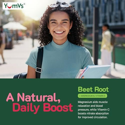 YumVs Rote-Bete-Gummis mit Magnesium & Vitamin C – Beeren-Geschmack – Rote-Bete-Gummis zur Unterstützung von Stickoxid für die Herzgesundheit & antioxidatives Wohlbefinden – Vegan, Nicht-GVO – 60 Gummis