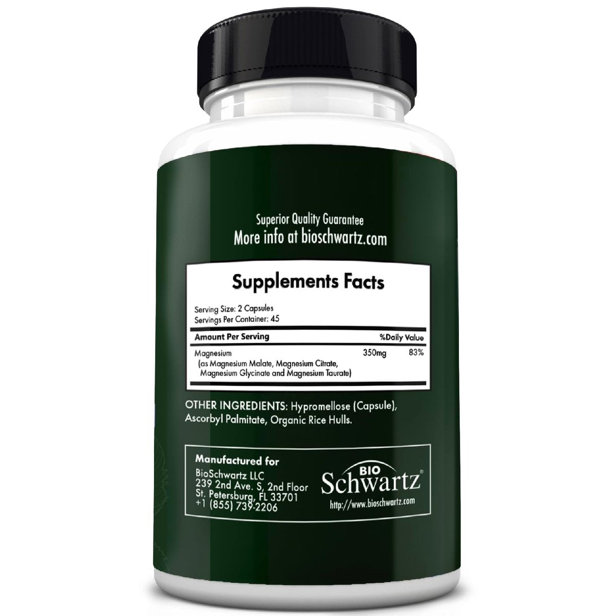 BioSchwartz Magnesium Komplex – 350 mg Magnesiumglycinat, -citrat, -malat & -taurat pro Portion für Nerven, Muskeln, Herz & Schlaf (90 Kapseln, vegan, glutenfrei, non-GMO)