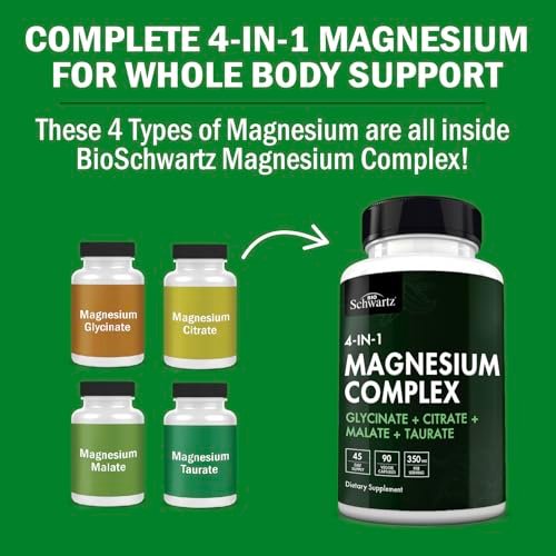 BioSchwartz Magnesium Komplex – 350 mg Magnesiumglycinat, -citrat, -malat & -taurat pro Portion für Nerven, Muskeln, Herz & Schlaf (90 Kapseln, vegan, glutenfrei, non-GMO)