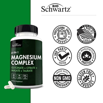 BioSchwartz Magnesium Komplex – 350 mg Magnesiumglycinat, -citrat, -malat & -taurat pro Portion für Nerven, Muskeln, Herz & Schlaf (90 Kapseln, vegan, glutenfrei, non-GMO)
