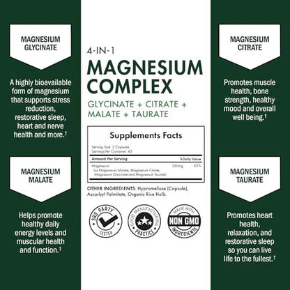 BioSchwartz Magnesium Komplex – 350 mg Magnesiumglycinat, -citrat, -malat & -taurat pro Portion für Nerven, Muskeln, Herz & Schlaf (90 Kapseln, vegan, glutenfrei, non-GMO)