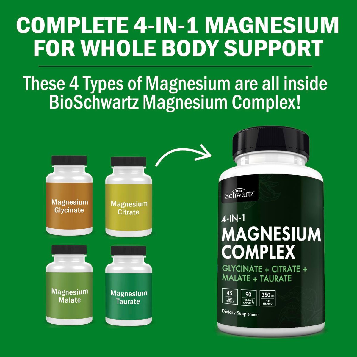 BioSchwartz Magnesium Komplex – 350 mg Magnesiumglycinat, -citrat, -malat & -taurat pro Portion für Nerven, Muskeln, Herz & Schlaf (90 Kapseln, vegan, glutenfrei, non-GMO)