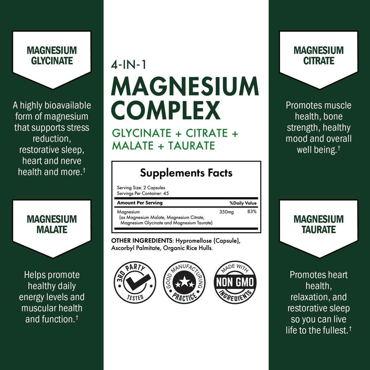 BioSchwartz Magnesium Komplex – 350 mg Magnesiumglycinat, -citrat, -malat & -taurat pro Portion für Nerven, Muskeln, Herz & Schlaf (90 Kapseln, vegan, glutenfrei, non-GMO)