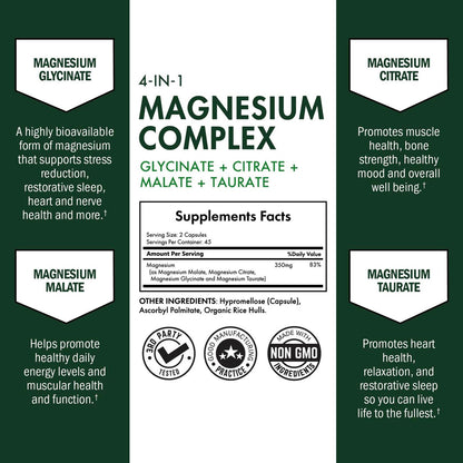 BioSchwartz Magnesium Komplex – 350 mg Magnesiumglycinat, -citrat, -malat & -taurat pro Portion für Nerven, Muskeln, Herz & Schlaf (90 Kapseln, vegan, glutenfrei, non-GMO)