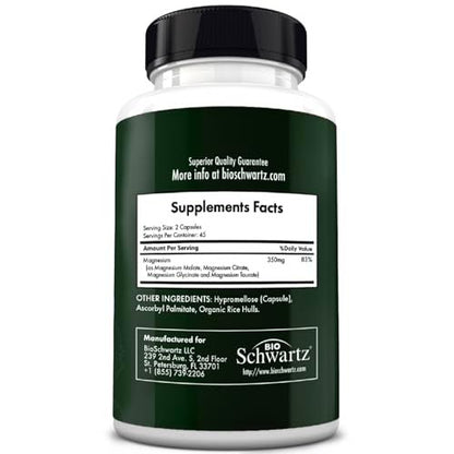 BioSchwartz Magnesium Komplex – 350 mg Magnesiumglycinat, -citrat, -malat & -taurat pro Portion für Nerven, Muskeln, Herz & Schlaf (90 Kapseln, vegan, glutenfrei, non-GMO)