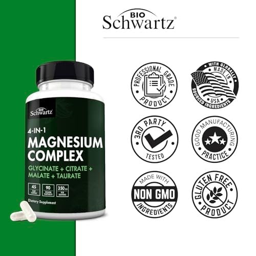 BioSchwartz Magnesium Komplex – 350 mg Magnesiumglycinat, -citrat, -malat & -taurat pro Portion für Nerven, Muskeln, Herz & Schlaf (90 Kapseln, vegan, glutenfrei, non-GMO)