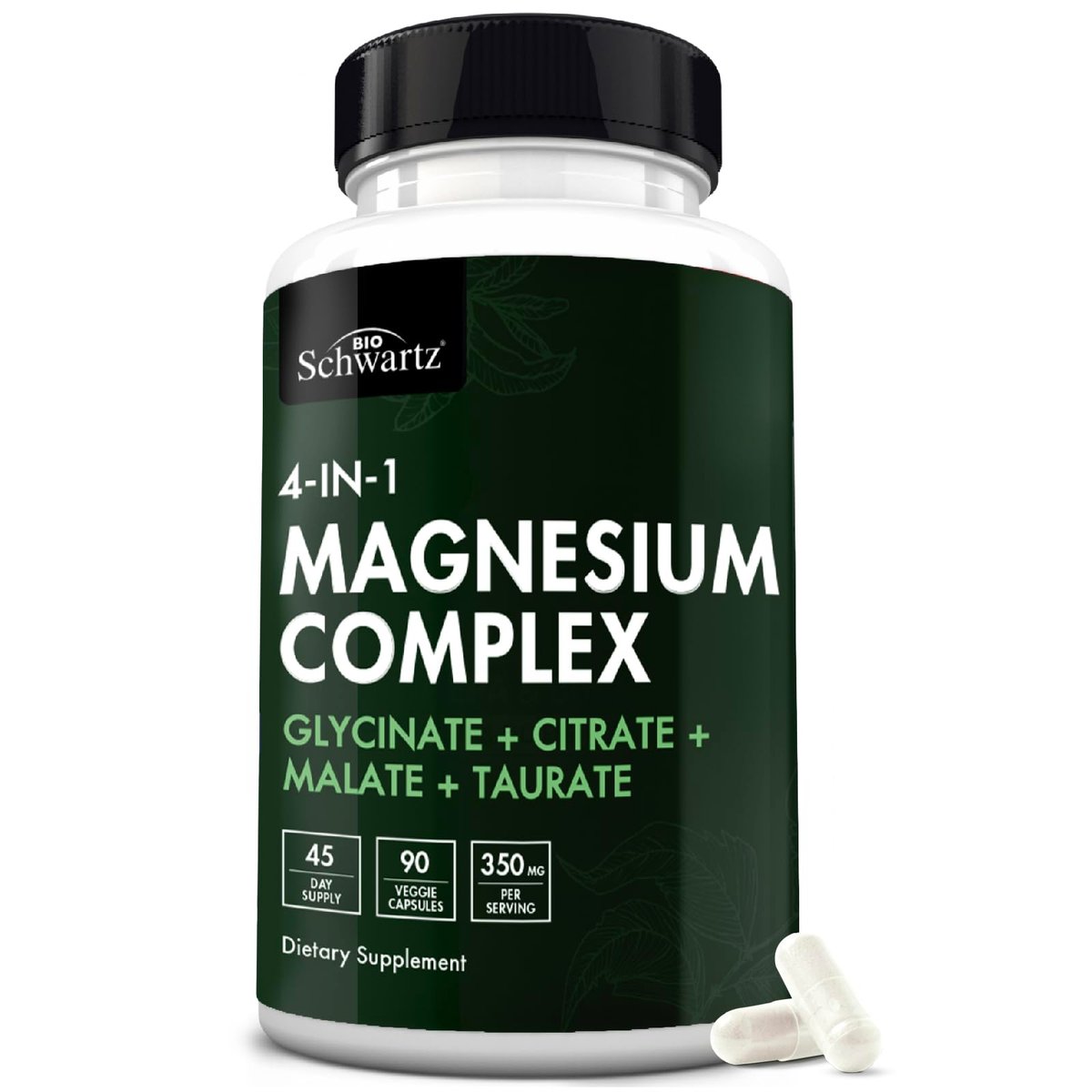 BioSchwartz Magnesium Komplex – 350 mg Magnesiumglycinat, -citrat, -malat & -taurat pro Portion für Nerven, Muskeln, Herz & Schlaf (90 Kapseln, vegan, glutenfrei, non-GMO)