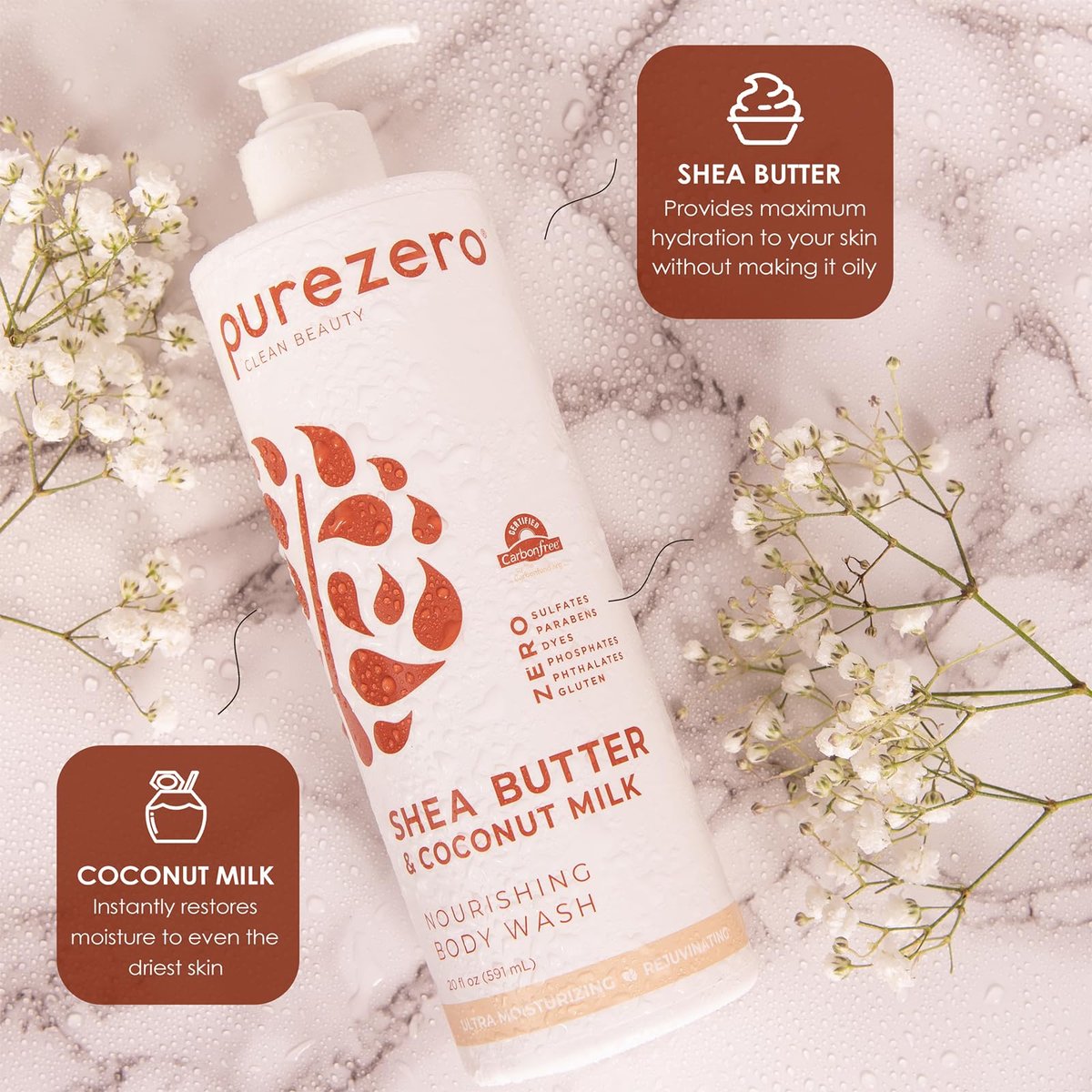 Purezero Shea Butter & Coconut Milk Body Wash – 20oz für hydratisierte und frische Haut, erhält Elastizität und Geschmeidigkeit, ohne Sulfate, ohne Parabene