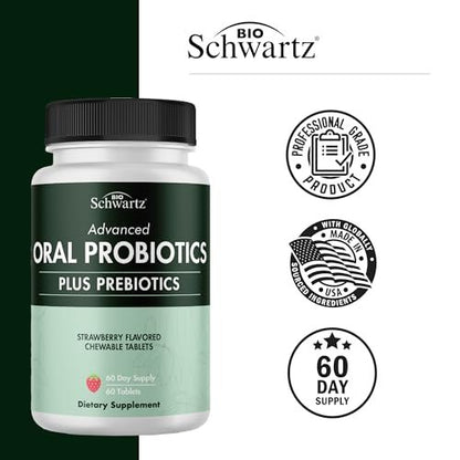 Orale Probiotika mit Präbiotika – Unterstützt gesunde Zähne, Zahnfleisch, Mund und frischen Atem für Erwachsene – Erdbeergeschmack, kaubare Zahnprobiotika (60 Tabletten, 60 Tage Vorrat)