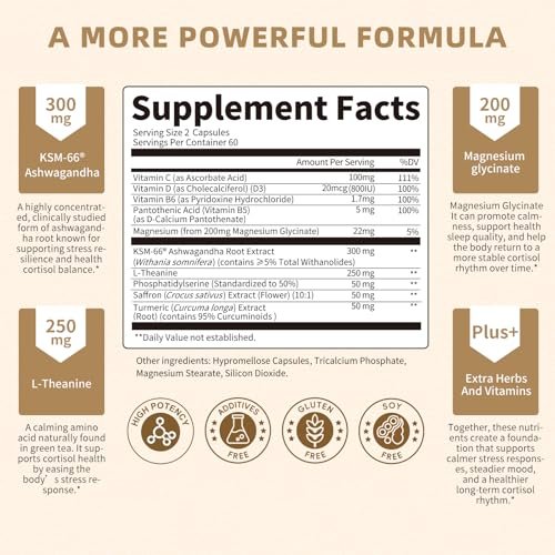 10-IN-1 Cortisol-Blocker mit KSM-66® Ashwagandha 300 mg + L-Theanin 250 mg, Magnesiumglycinat, Safran, Phosphatidylserin, Kurkuma & Vitamin C D3 B6 B5 – für Frauen & Männer, 120 Kapseln (60-Tage-Vorrat)