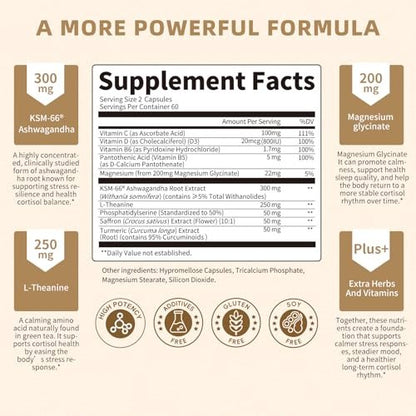 10-IN-1 Cortisol-Blocker mit KSM-66® Ashwagandha 300 mg + L-Theanin 250 mg, Magnesiumglycinat, Safran, Phosphatidylserin, Kurkuma & Vitamin C D3 B6 B5 – für Frauen & Männer, 120 Kapseln (60-Tage-Vorrat)